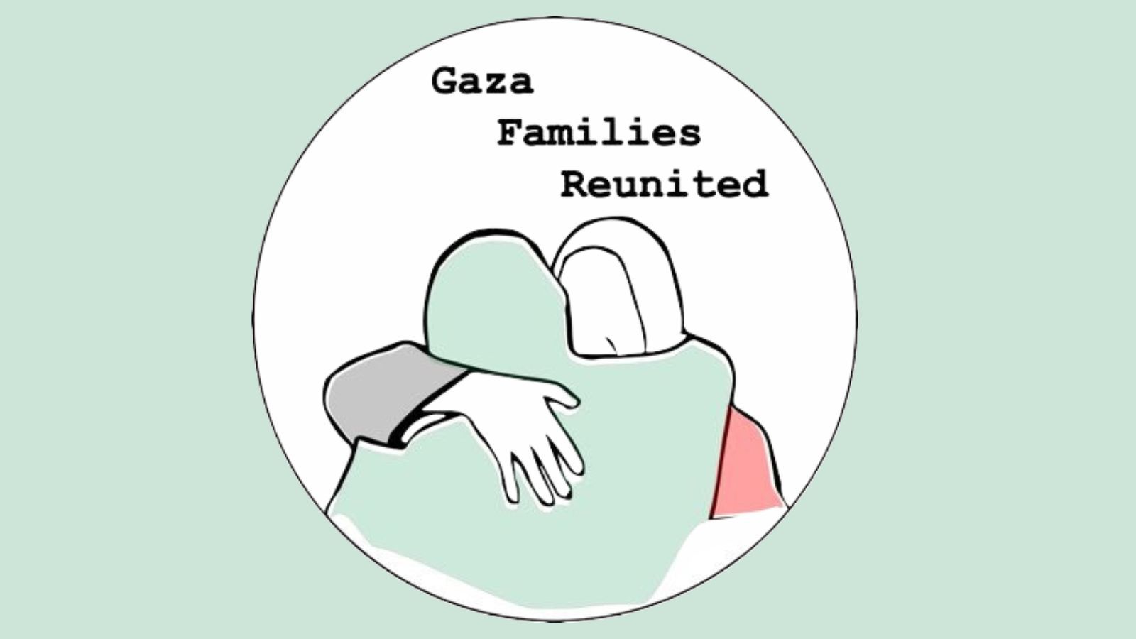 Gaza Families Reunited logo which is a line drawing of two people hugging