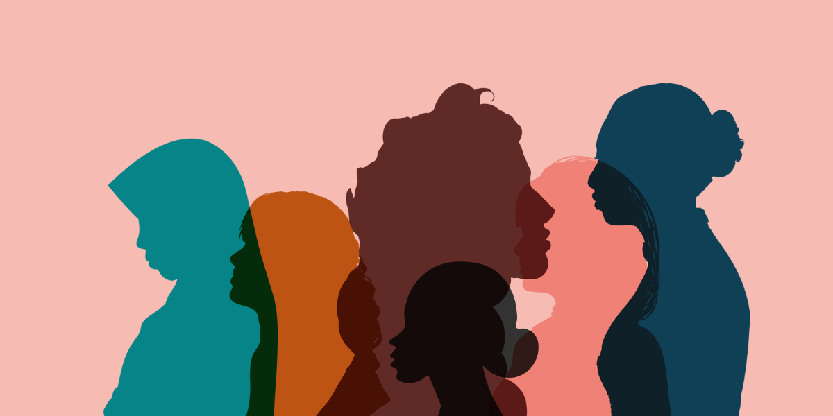 Silhouettes of women from different cultures against a light pink background