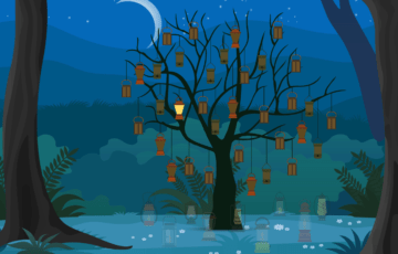 In a moonlit forest, a tree has branches filled with lanterns lighting up the darkness