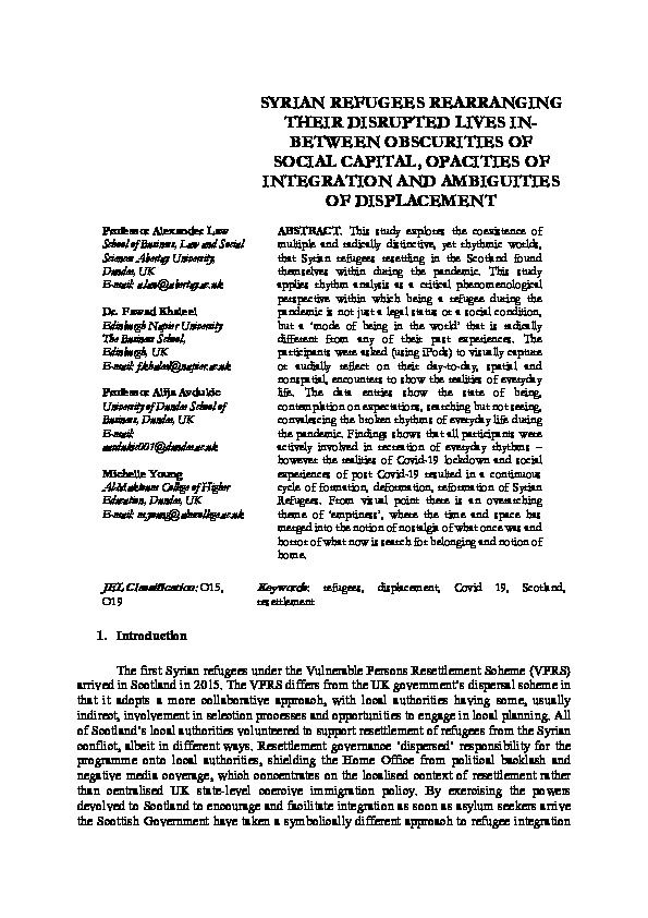 SYRIAN REFUGEES REARRANGING THEIR DISRUPTED LIVES IN-BETWEEN OBSCURITIES OF SOCIAL CAPITAL, OPACITIES OF INTEGRATION AND AMBIGUITIES OF DISPLACEMENT-thumbnail
